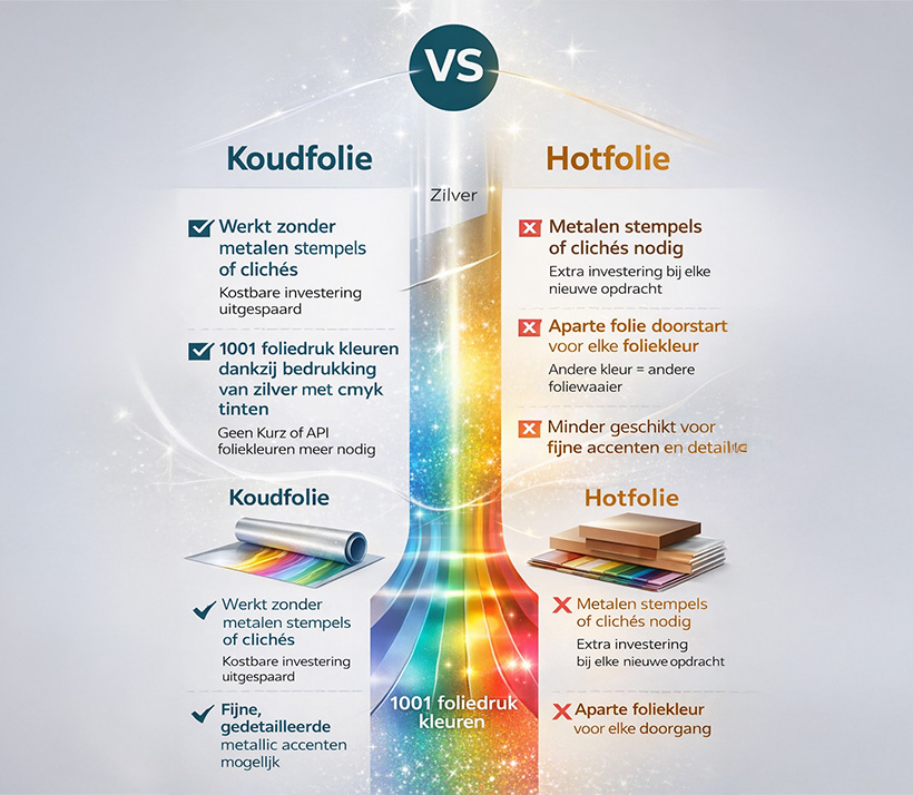Infographic met het verschil tussen koudfolie en hotfolie bij drukwerk en vouwkarton verpakkingen